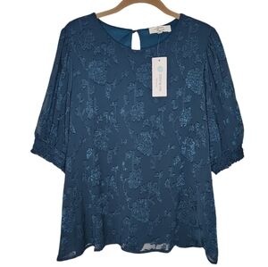 Beacon Apparel Jacquered A-Line Short Puff Sleeve Top Size L Teal Blue/G…